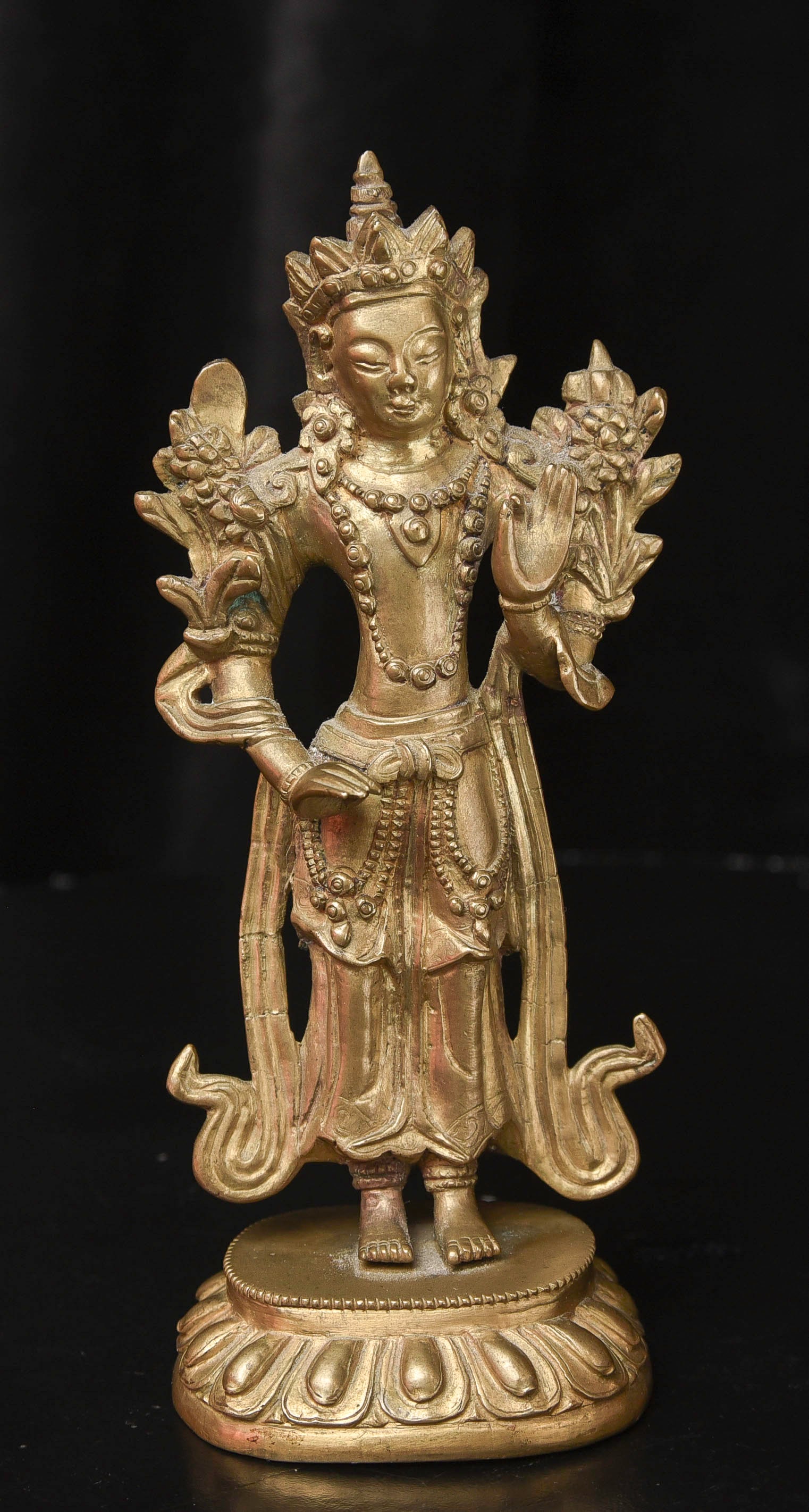 Tibetan Bronze Bodhisattva- Decorative! Sold to me as 18thC,: Tibetan Bronze Bodhisattva- Decorative! Sold to me as 18thC, but I believe it is 20thC. ( 6"H x 2.75"W x 2"D ) - 435g