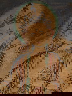Very distinctive Mongolian Thangka drawn in a very singular style-not at all like a typical Thangka-: Very distinctive Mongolian Thangka drawn in a very singular style-not at all like a typical Thangka- more like folk art. Cloth is almost like oil cloth or other atypical cloth for making Thangkas. Pro