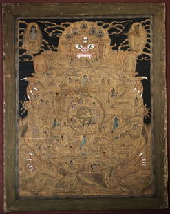 Antique Tibetan Thangka - black ground - intricate, unique. Rare, fine and intense: Antique Tibetan Thangka--unique in that it looks more like it was done with ink-like paint, so the detail is incredible and has a different quality than most thangkas. It has a mandala quality to it.