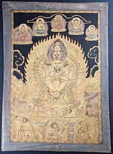 Antique Tibetan Thangka--intricate, - black ground - unique. Quite rare, fine and intense: Antique Tibetan Thangka--unique in that it looks more like it was done with ink-like paint, so the detail is incredible and has a different quality than most thangkas. It has a mandala quality to it.