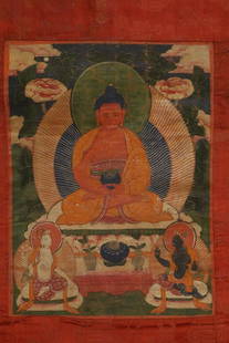 Tibetan antique Thangka of a red Medicine Buddha- Classic!: Tibetan antique Thangka of a red Medicine Buddha. The size of the actual image is 8 7/8 x 11.5 inches, outer cloth frame edge is 16.5 x 25 inches. Needs a top dowel sewn in or another method used in o