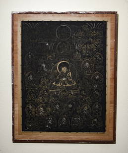 Black Ground Tibetan Thangka, With a large Central Buddha: This is a large and beautiful old Black Ground Tibetan Thangka, with a large central Buddha and numerous small Buddhas behind. I acquired it, as shown in the photographs. I am unsure how it is, but