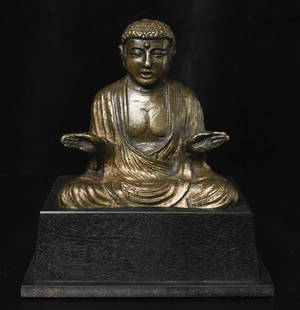 13thC Japanese Bronze Buddha- Kamakura- Fine, Distinctive: Antique Japanese Buddha-sits 4 inches tall, 6 inches on custom base. Solid-cast, and is very heavy for its size. Seems much larger in person. The bottom says "Kamakura" and 18 BC (Buddhist Calendar- w