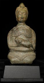 12/13thC Khmer Lime Pot figure holding a dog.Superb Museum Level Example-Rare