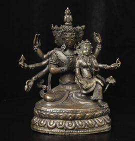 Antique Bronze Nepalese 4-headed Vishnu with consort.