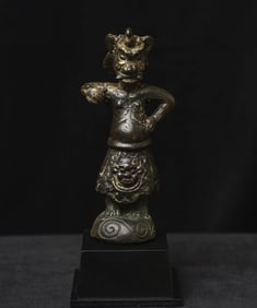 15thC/earlier Tibet-Chinese Bronze Bird-hat Guardian Figure. unique!