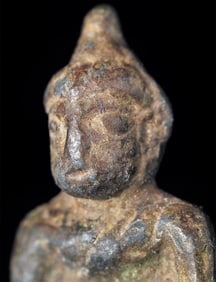 15thC/earlier miniature Thai bronze Buddha on custom stand.