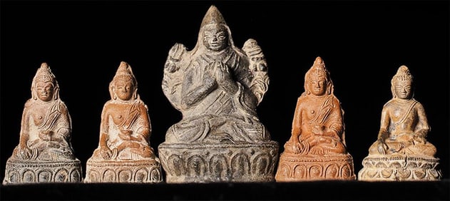 Group of FIVE 18/19thC Mongolian or Tibetan Buddhas Larger Tsong Ka Pa cast in Terracotta
