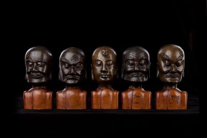 FIVE Ming/Early Ching Buddhist Bronze Heads .Animated! Set of Lohans- Nicely Cast