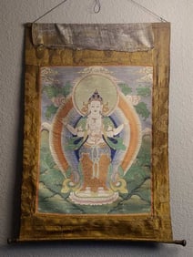19thC Mongolian Thanka depicting a Bodhisattva-Superb
