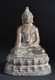 17thC C Tibetan Bronze Buddha. Measures 6 1/2 inches tall x 4 inches across x 2 1/2 inches deep.