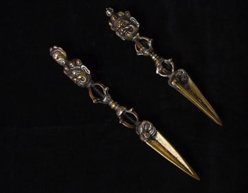 Antique Bronze Mongolian ritual implements (Two) elaborate