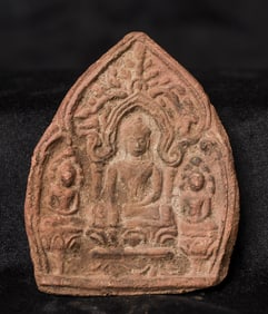 Thai 14/15thCterracotta or clay tablet of a Buddha trilogy.