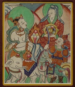 A set of 4 antique Mongolian Thangkas in a custom vertical frame.