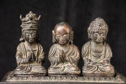 RARE 17/18thC Korea Bronze Trilogy Buddha/Monk/+ on original Bronze Base-New Photos