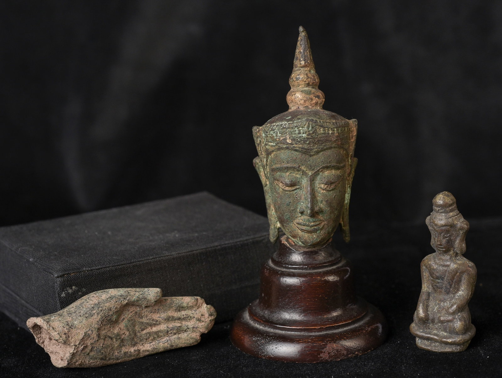 Small Thai Buddha +2 fragmentary antique Thai Buddha parts.: Small Thai Buddha +2 fragmentary antique Thai Buddha parts. ( 2.75"H x 1"W ) - ( 2.25"H x .875"W) - ( 4.75"H x 1.25"W )