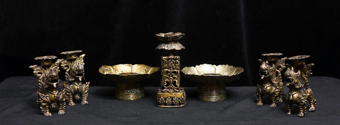 Boxlot_8 Nepalese Antique 7 Part Candle and Lion Dog Set-Benefit from a major cleanup of my inve