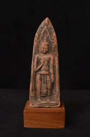 Nice quality Thai Buddhist clay tablet mounted on a display stand. Repaired at the knees-otherwise
