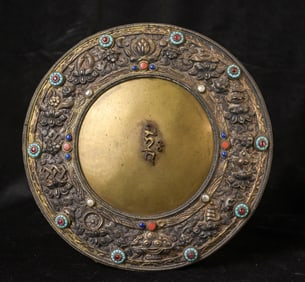 18/19thC or earlier Tibetan or Mongolian copper and bronze Tantric mirror-masterpiece