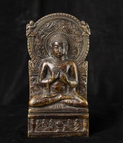 18-20thC Indian Bronze Buddha Stele. Nice patina.