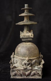 Bronze and ancient glass Buddhist Stupa, possibly in the style of Gandara. .
