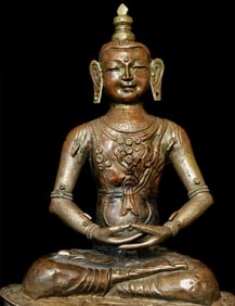 19thC Mongolian Copper Repousse Buddha. Expressive face radiates a calm joyfulness. Nice
