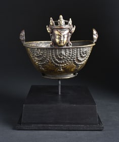 15-17thC Tibetan Bronze Skull Cup. Remains of Gilding Large for its type (nearly life-size)