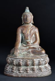 17thC C Tibetan Bronze Buddha. Measures 6 1/2 inches tall x 4 inches across x 2 1/2 inches deep.