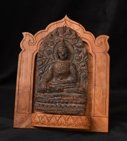 Large Southeast Asian (Ceramic?) Folk Buddha tablet with wood stand. Looks to have some age to it