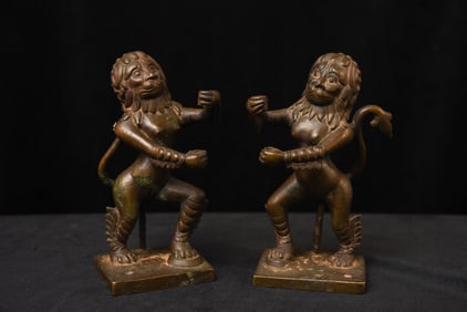 18/19thC/earlier Solid-cast Hindu Lion Pair- animated, delightful! India or Nepal. SPECIAL