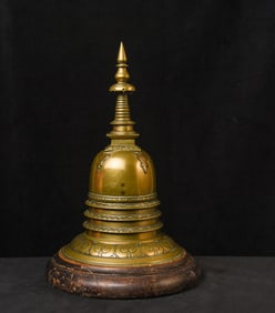 Fine 18thC large bronze Sri Lankan Stupa on carved 19thC wood base.