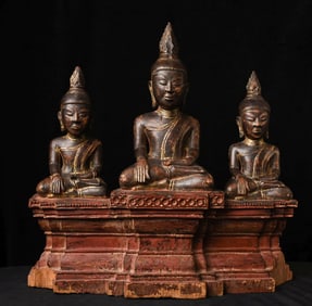 17/18thC - Burma - Arakan Triple Buddha. Large Teak-Temple piece
