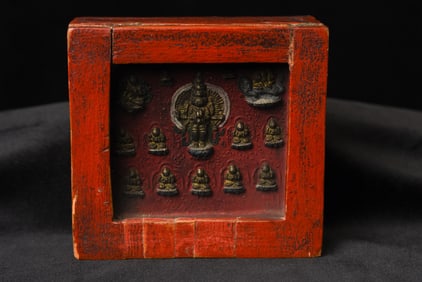 19thC Tibetan Gau Boxes with Rare large Tsa Tsa with Multiple Buddhas
