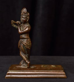 19thC India Bronze Krishna playing his flute on a base made for two.