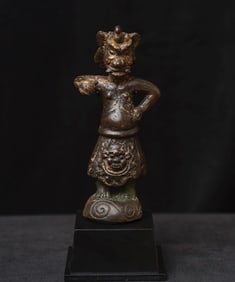 15thC/earlier Tibet-Chinese Bronze Bird-hat Guardian Figure. unique!