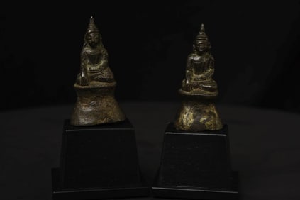 Pair -17thC Burmese Bronze Mon style Buddhas on new custom museum style bases.