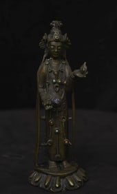 16/17thC Korean Bronze Buddha Bodhisattva- fine example- solid cast, stones, great face