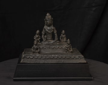 19C/earlier Java bronze Buddha with 4 attendants on large base-Animated, Joyful