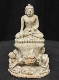 12/13thC Pagan Burma Buddha with attendants- Stone- Authentic, museum quality