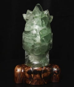 19thC Chinese Fluorite Crystal Buddha Head on original Ching Wooden "Shoulders"