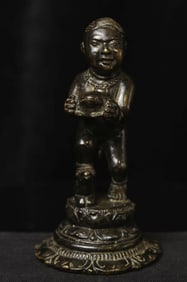 Highly unusual antique solid-cast Chinese youthful figure with giant frog. 4.75" tall. Probably