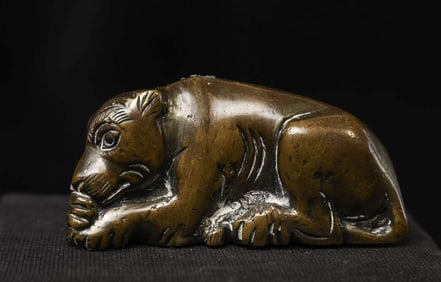 18/19thC Chinese scroll weight of an animated lion.-New Photos