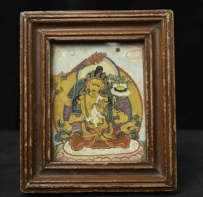 Lovely old Mongolian Thangka in a wooden gau. Box