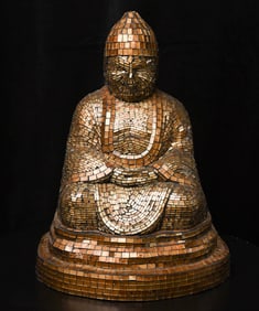 Vintage mystery glass mosaic (over wood?) Buddha. Likely Burmese, mid-20thC-fine