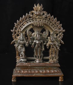 Nice antique Hindu bronze trilogy-Marraige of 3 statues plus shrine