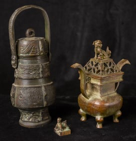 Box lot, three Chinese bronze items. two incense burners.