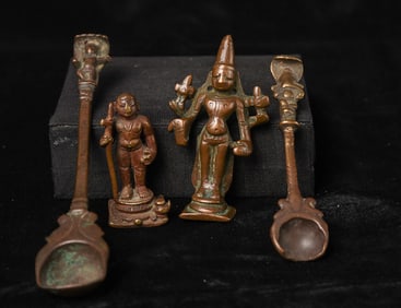 Four 18/19thC Indian Bronze items- 2 Hindu ritual bronze spoons and 2 small Hindu bronze statues (4