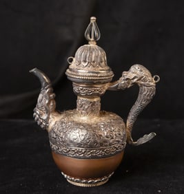Tibetan Copper and silver repousse ritual vessel-vintage/old.