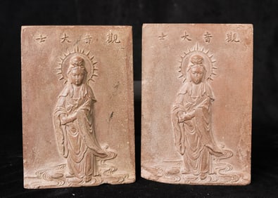 Pair of Antique Quanyin ) terracotta figures. .