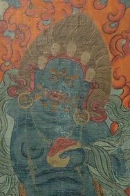 Antique fabric Thangka mounted onto wood with built-in